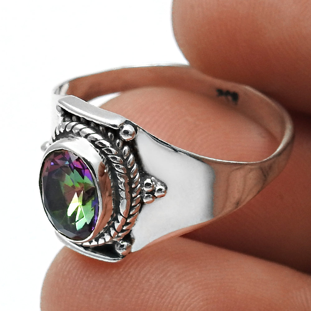 Natural Mystic Topaz Bezel Statement Promise Wife Band Ring Sterling Silver