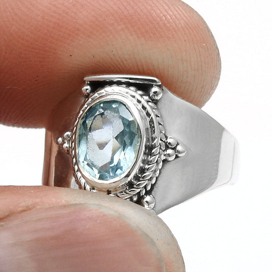 Sterling Silver Throat Chakra Blue Topaz Gemstone Ethnic Band Daughter Ring