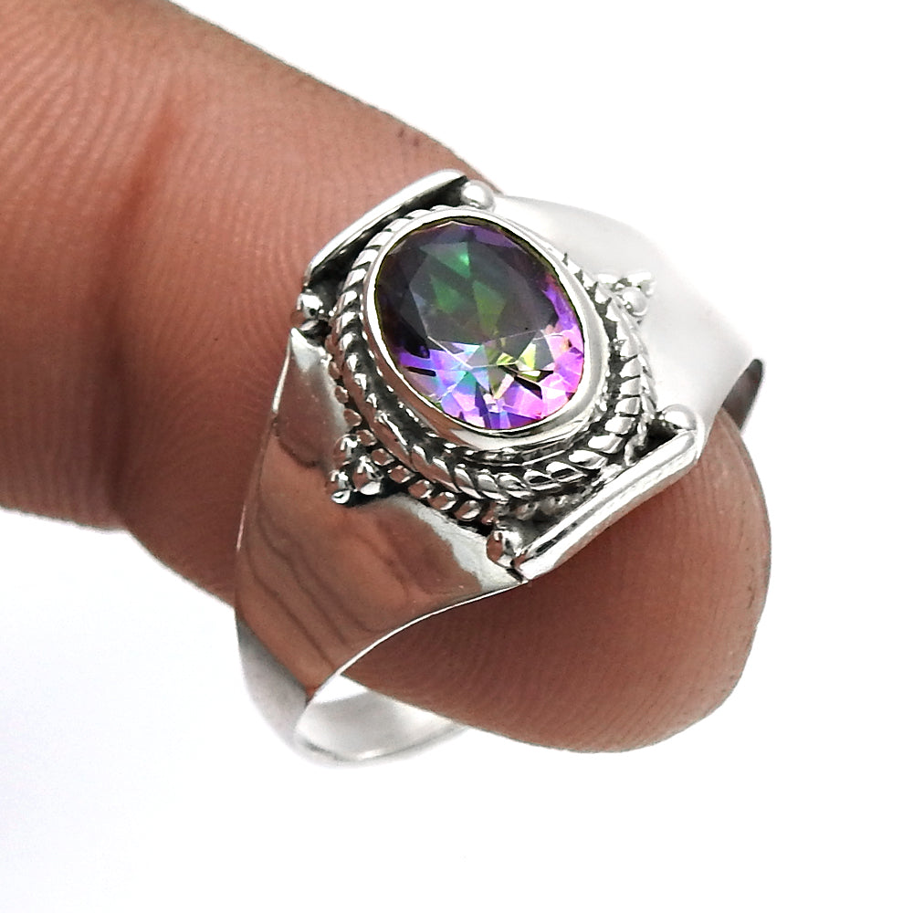 Natural Mystic Topaz Bezel Statement Promise Wife Band Ring Sterling Silver