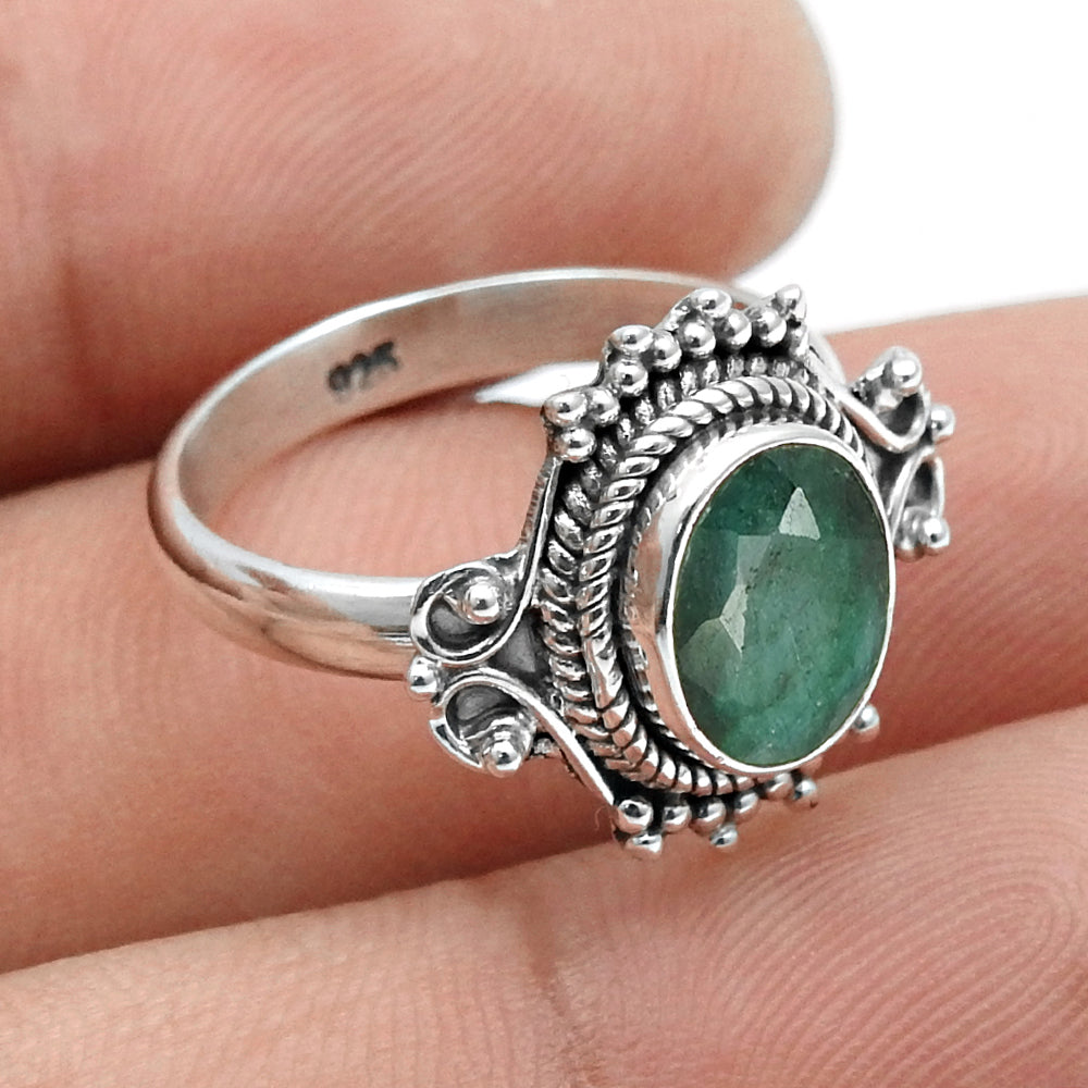 Oval Natural Emerald May Birth Band Promise Engagement Ring Sterling Silver