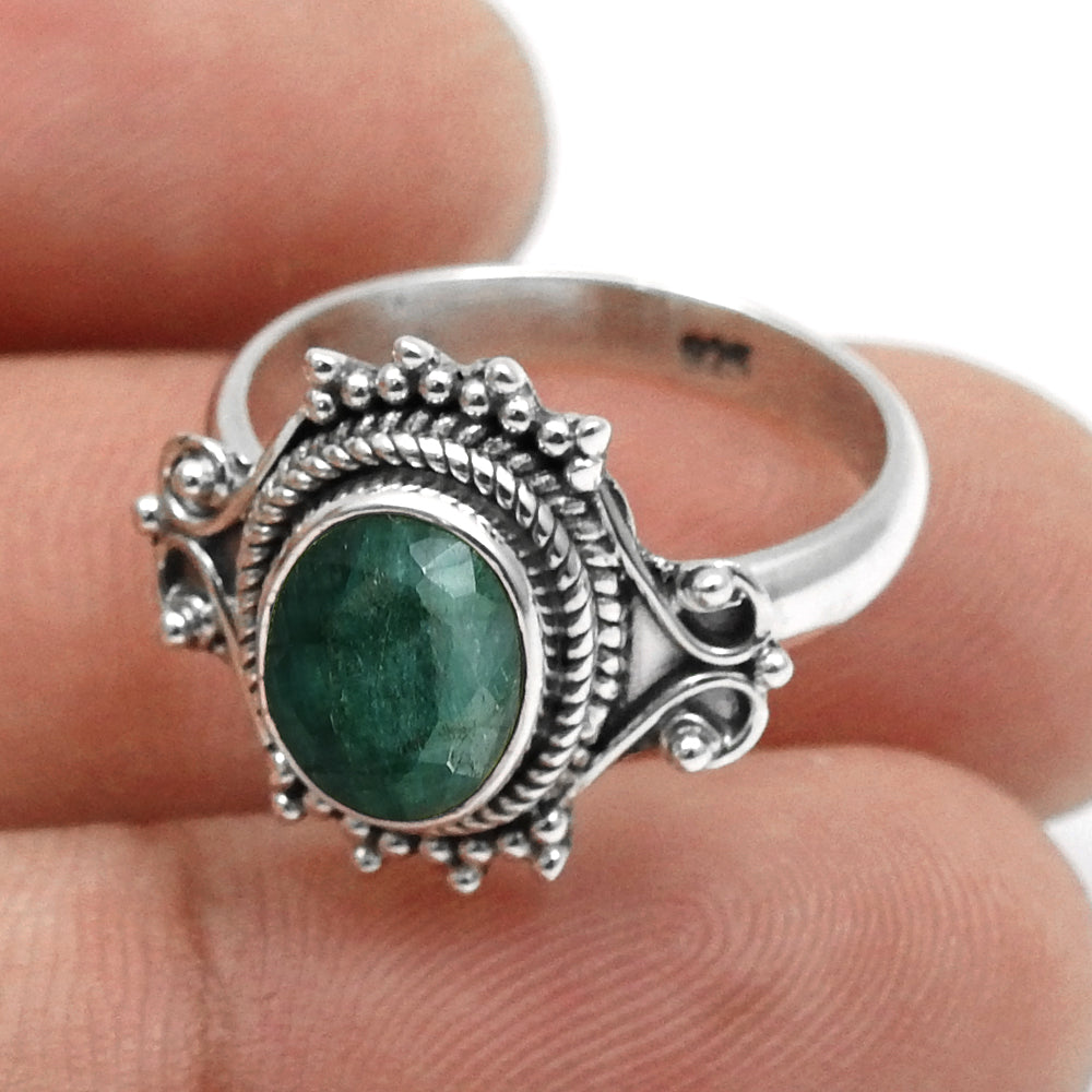 Oval Natural Emerald May Birth Band Promise Engagement Ring Sterling Silver