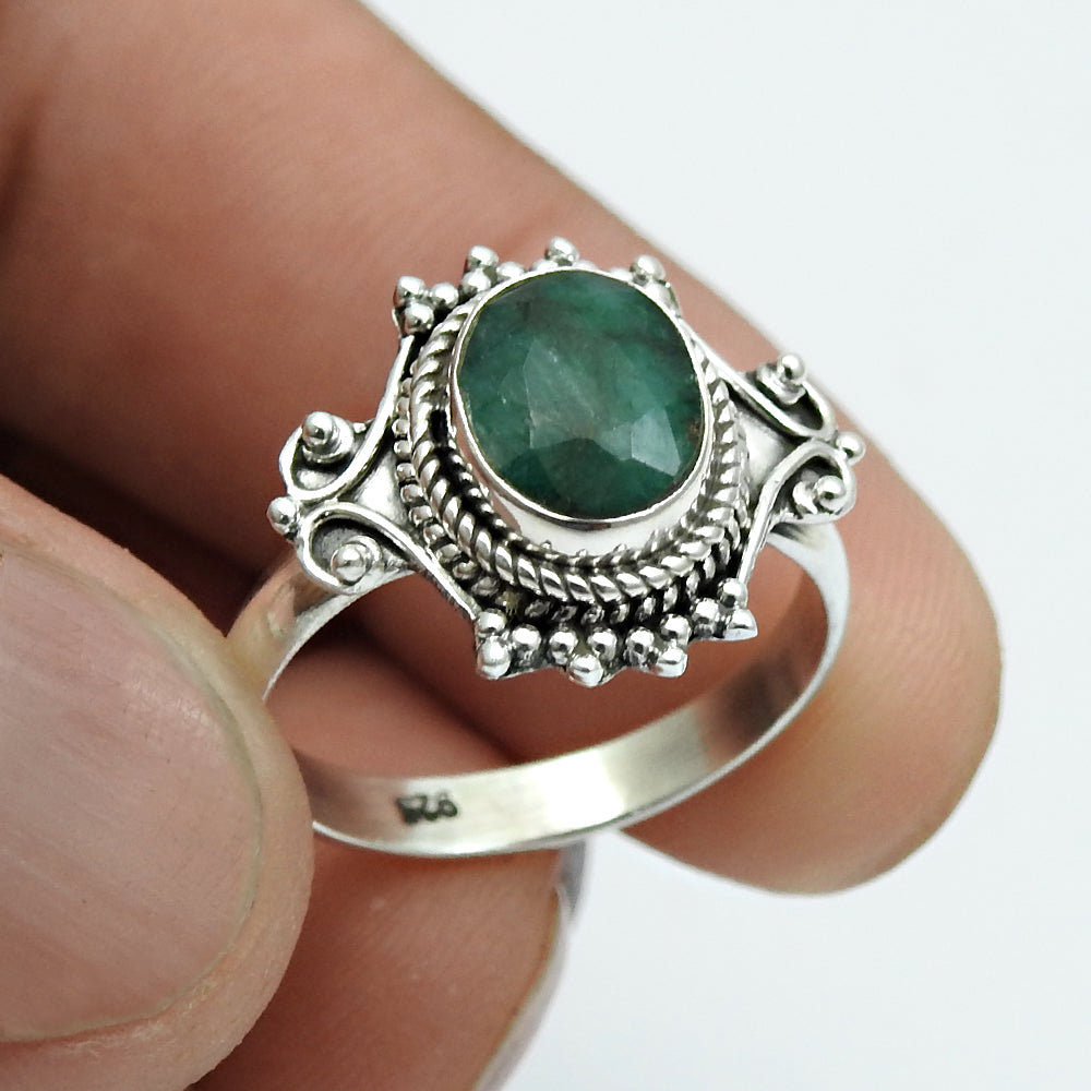 Oval Natural Emerald May Birth Band Promise Engagement Ring Sterling Silver