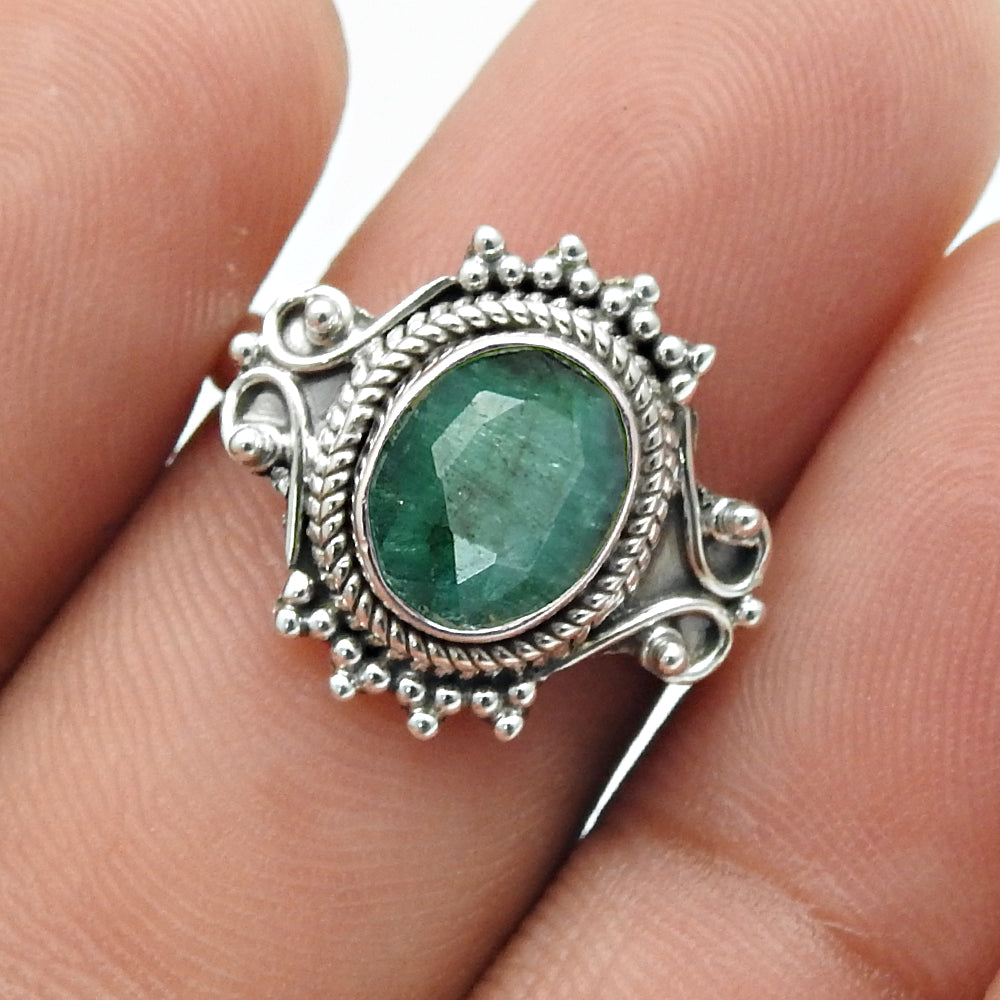 Oval Natural Emerald May Birth Band Promise Engagement Ring Sterling Silver