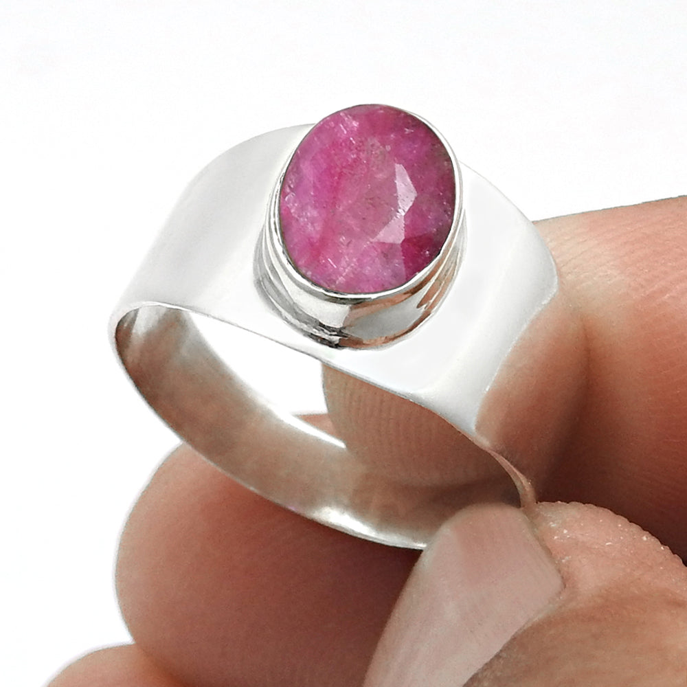 Root Chakra Natural Ruby 925 Sterling Silver Statement Band Ring Jewelry