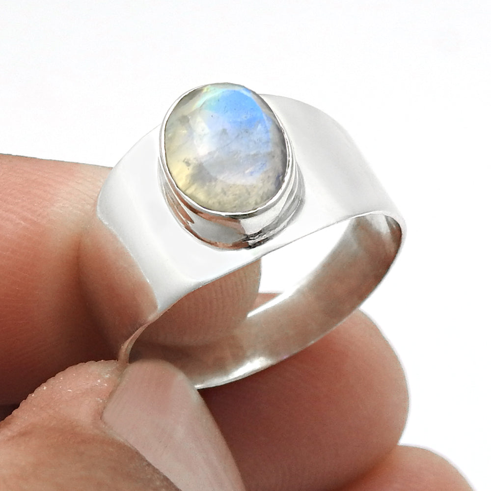 Natural Rainbow moonstone 925 Silver Promise Engagement Band Ring Jewelry