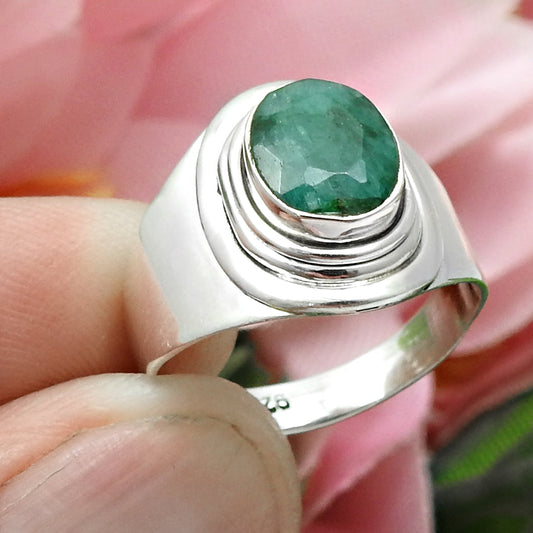 Natural Emerald Solid Sterling Silver Cocktail Birthday May Ring Jewelry