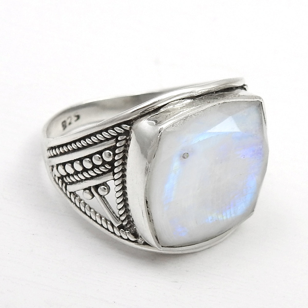 101 Men Ring Square Shape Natural Rainbow Moonstone 925 Sterling Silver Statement Ring Size 8