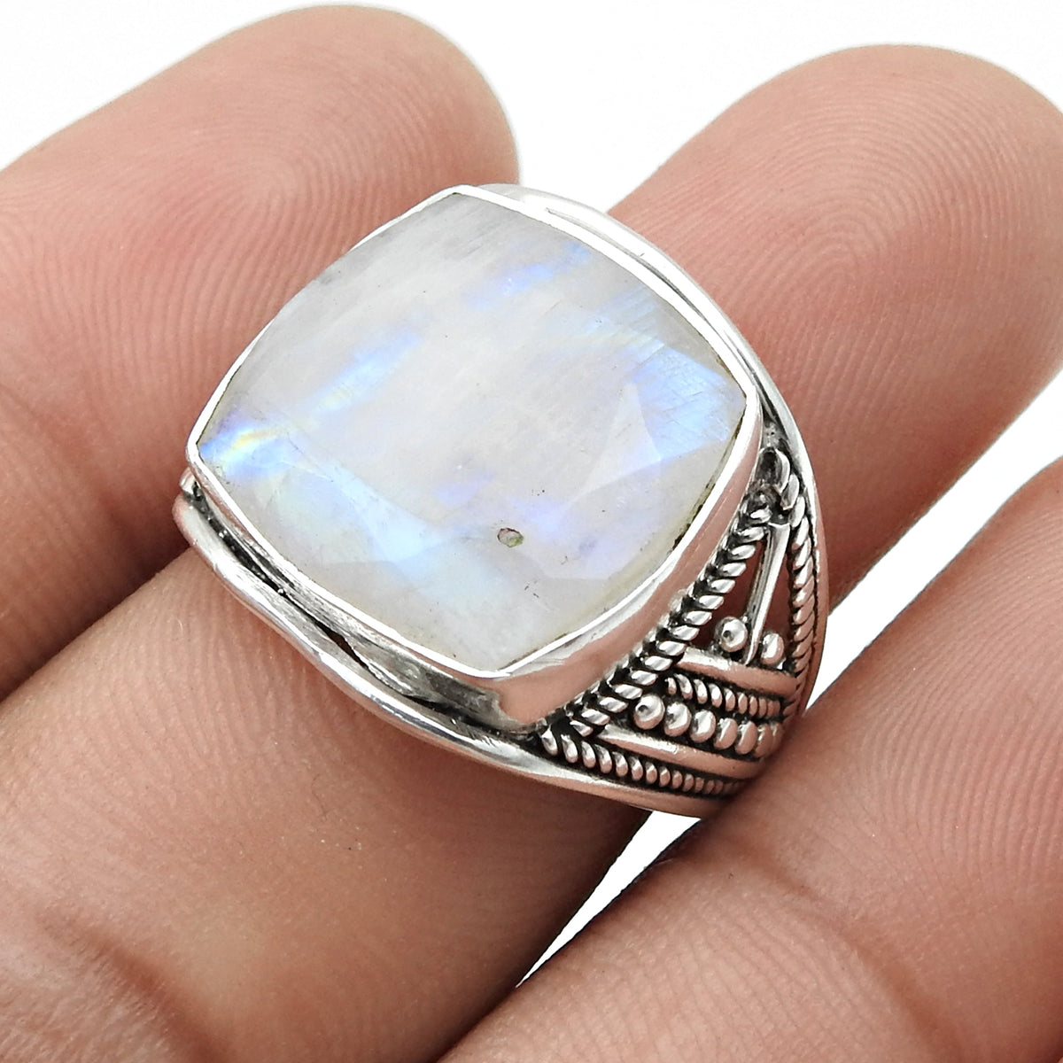 101 Men Ring Square Shape Natural Rainbow Moonstone 925 Sterling Silver Statement Ring Size 8
