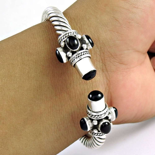 Delicate Black Onyx 925 Sterling Silver Bangle