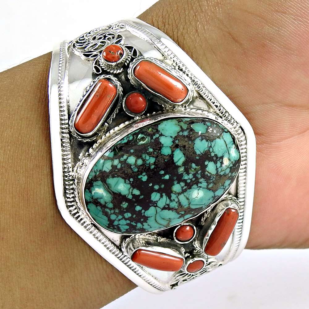 Scenic Coral & Turquoise Gemstone Sterling Silver Bangle Sterling Silver Jewellery