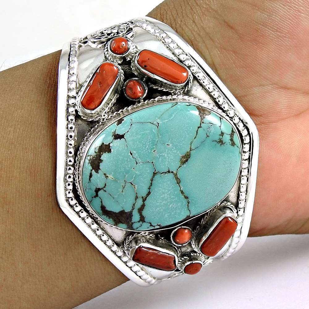 Graceful Coral & Turquoise Gemstone Sterling Silver Bangle 925 Silver Jewellery