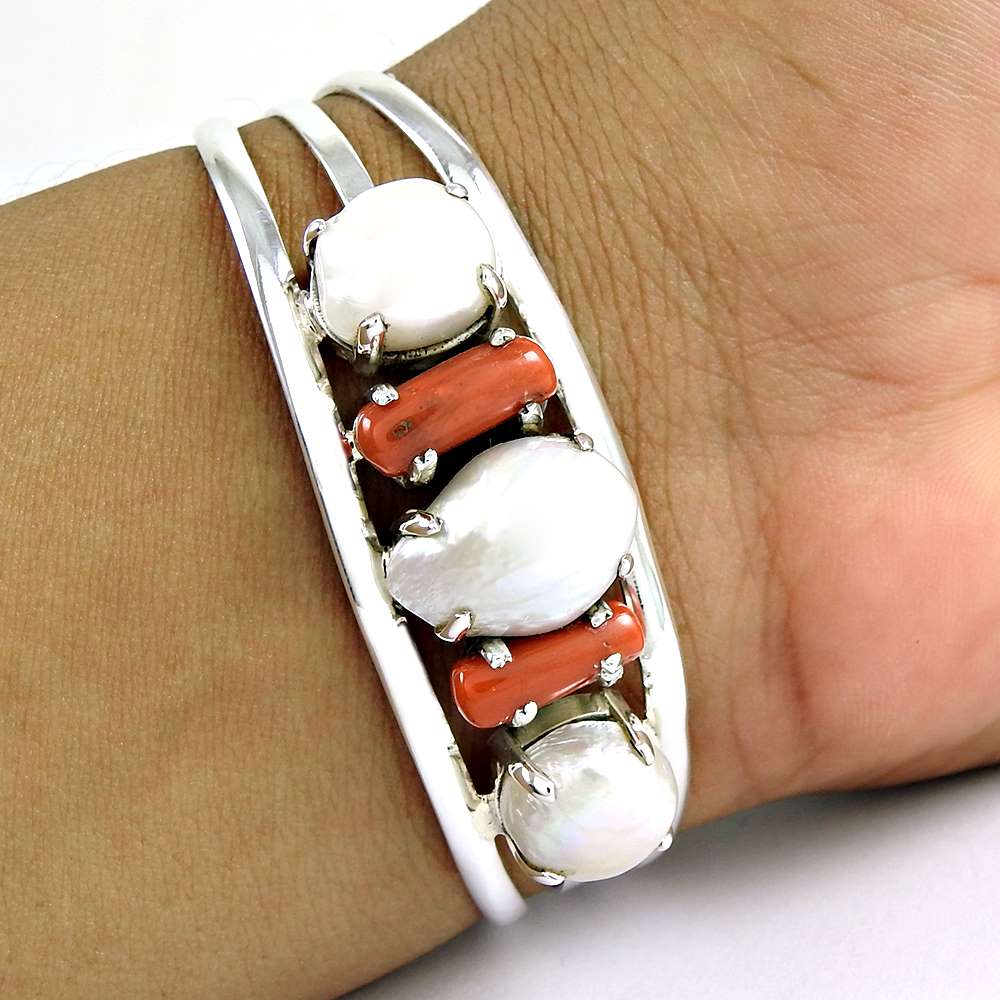 Gorgeous Design Pearl, Coral 925 Sterling Silver Bangle