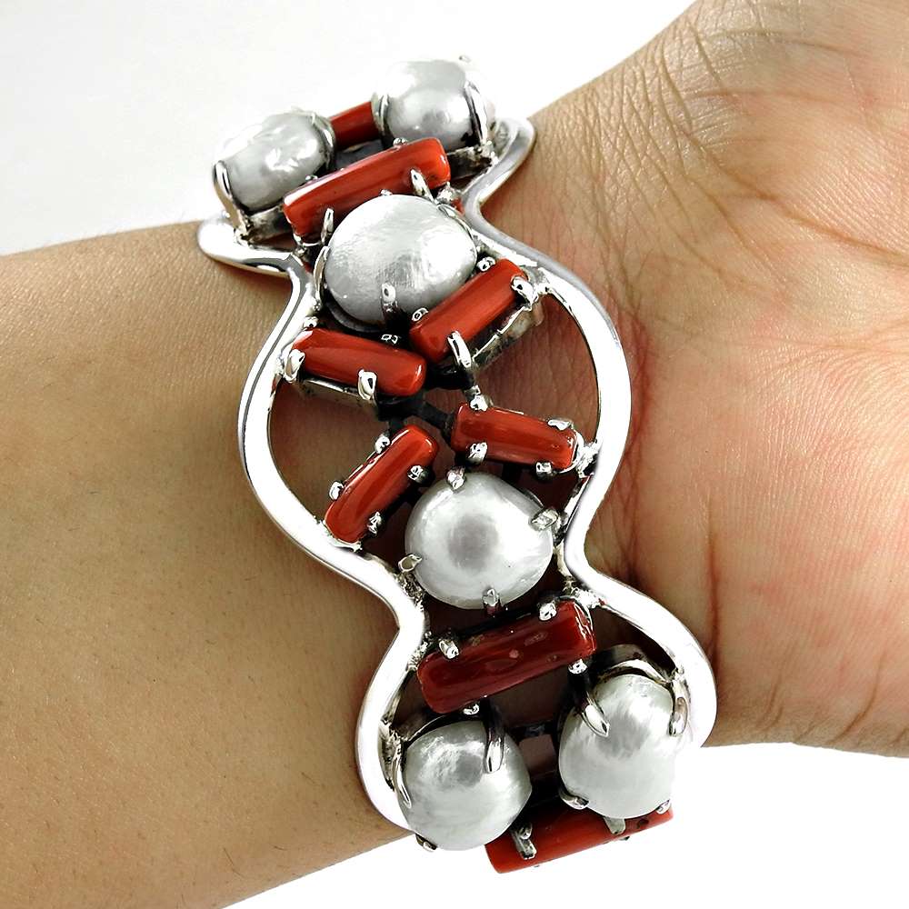 Fabulous Pearl Red Coral 925 Sterling Silver Bangle