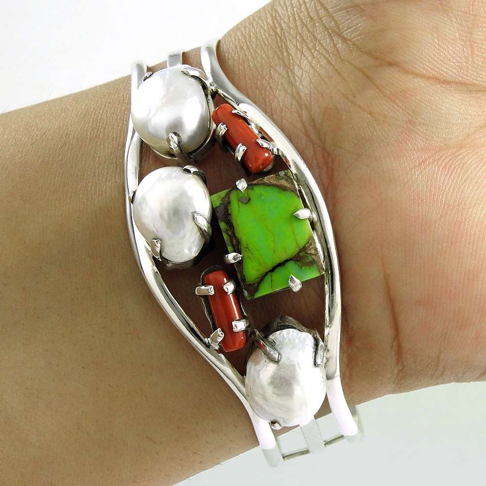 Stylish Design Pearl, Coral, Green Copper Turquoise 925 Sterling Silver Bangle