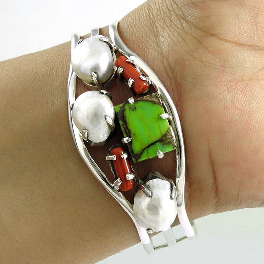 Stylish Design Pearl, Coral, Green Copper Turquoise 925 Sterling Silver Bangle