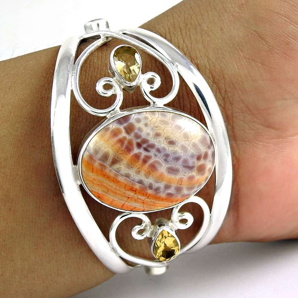 Big Secret Orange Mexican Fire Agate, Citrine Gemstone Sterling Silver Bangle Jewellery