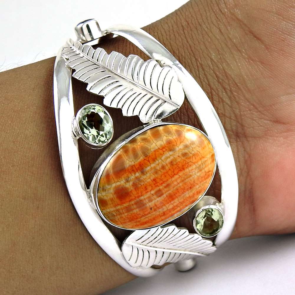 True Emotion Orange Mexican Fire Agate, Green Amethyst Gemstone Sterling Silver Bangle Jewellery