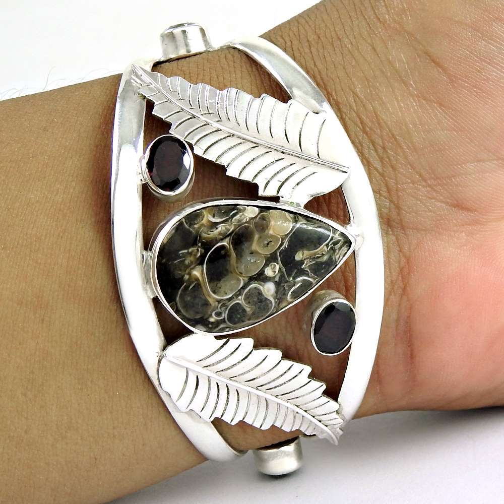 Great Creation Turetella Agate, Garnet & Lemon Quartz 925 Sterling Silver Bangle