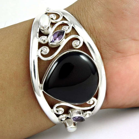 Great Black Onyx, Amethyst, Pearl 925 Sterling Silver Bangle