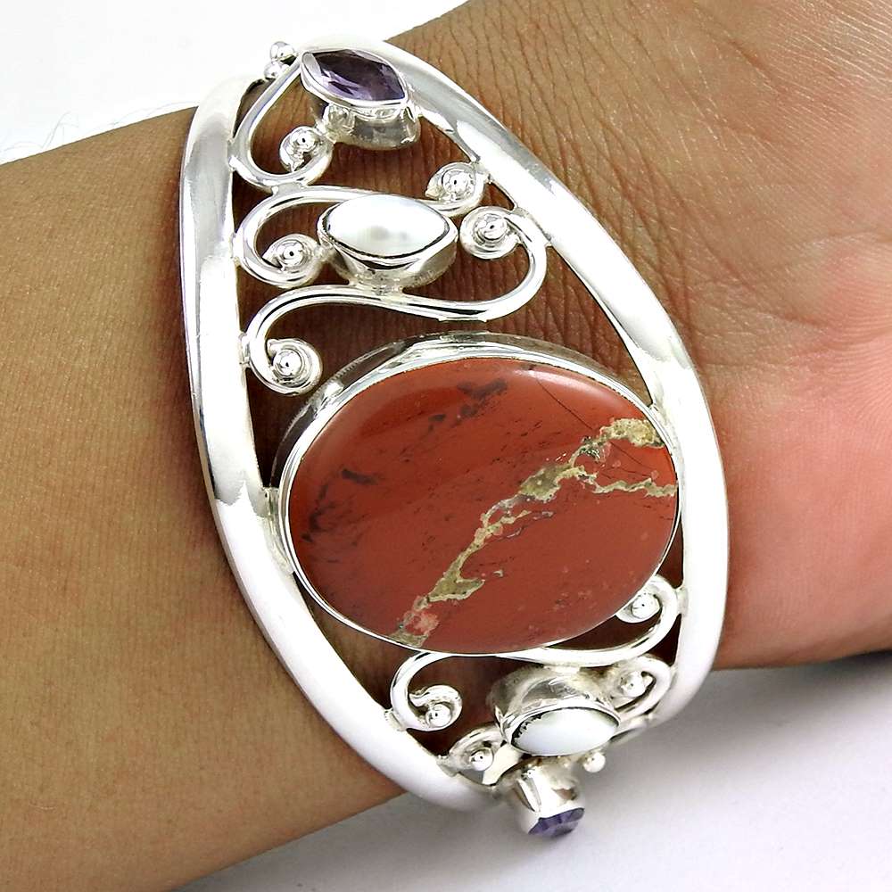 Modern Style Red Jasper, Pearl, Amethystyst 925 Sterling Silver Bangle