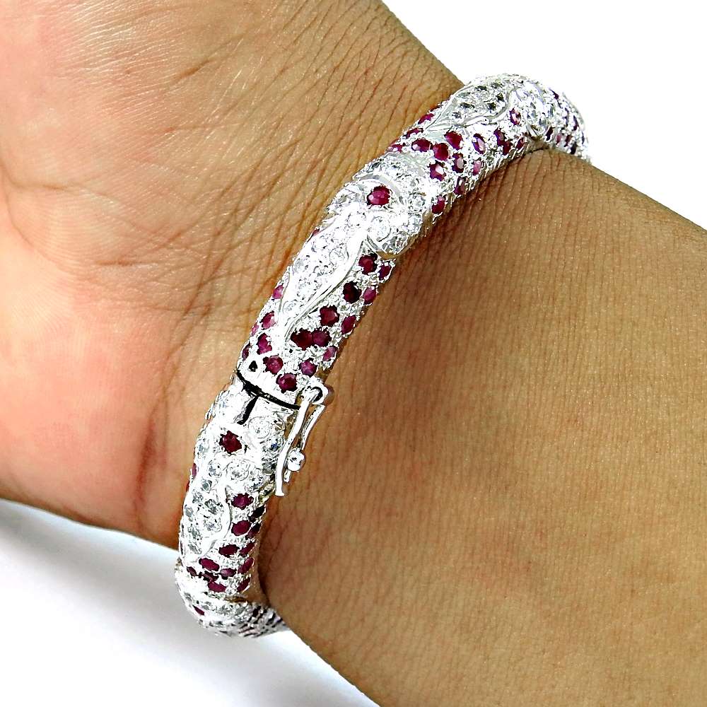 Abstract Ruby, White CZ 925 Sterling Silver Bangle