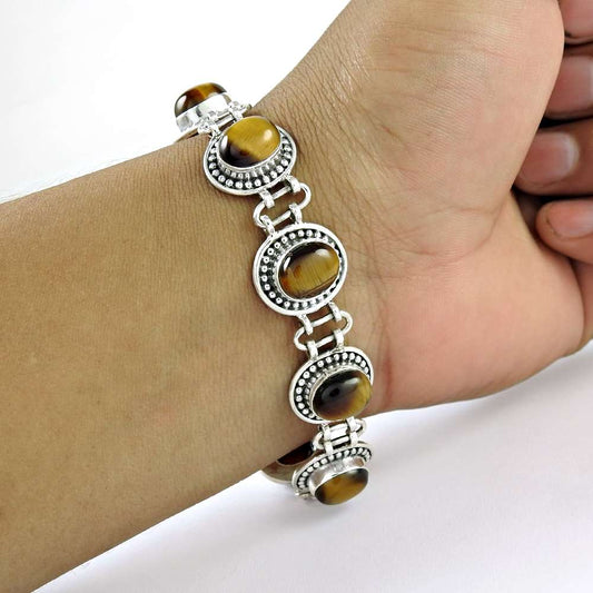 Natural Tiger Eye Gemstone Sterling Silver Bracelet 925 Sterling Silver Jewellery