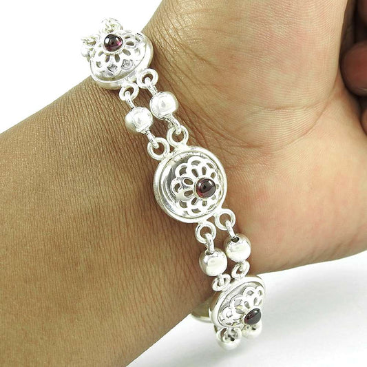 Charming Garnet Gemstone Sterling Silver Bracelet 925 Silver Vintage Jewellery