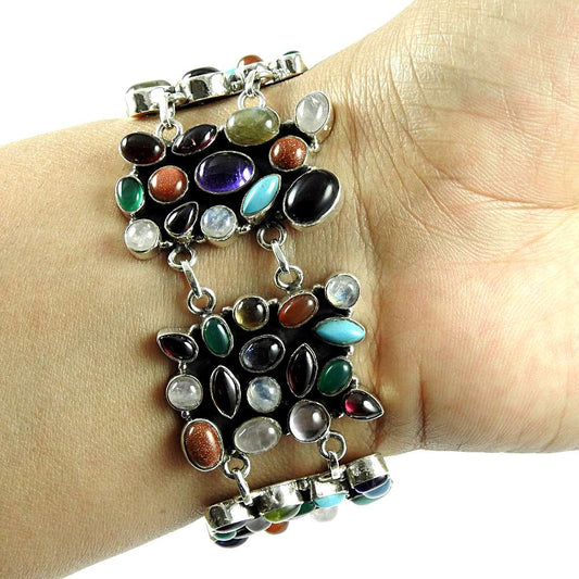 Multi Gemstone 925 Sterling Silver Bracelet Handmade Indian Tribal Jewellery C3