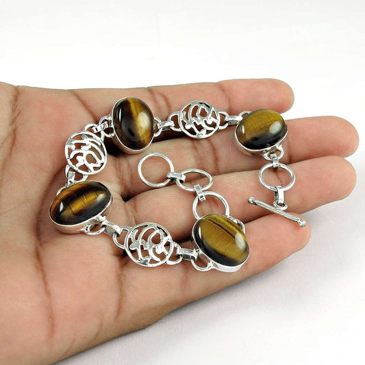 WellFavoured Tiger Eye Gemstone Sterling Silver Bracelet 925 Sterling Silver Jewellery