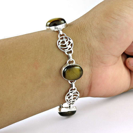 Personable Tiger Eye Gemstone Sterling Silver Bracelet 925 Silver Jewellery