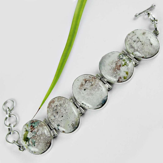Natural Ocean Jasper Gemstone 925 Silver Chain Tribal Bracelet For Women J1