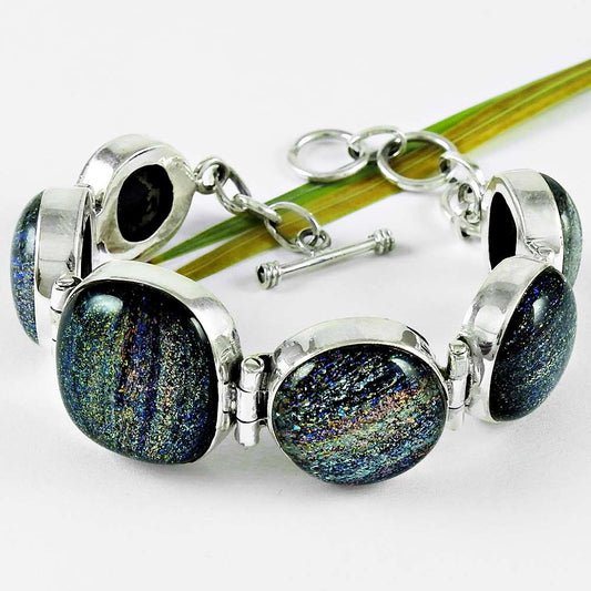Natural Dico Glass Gemstone Chain Vintage Bracelet 925 Sterling Silver K1