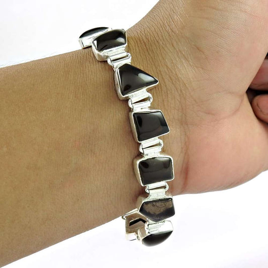Natural Smoky Quartz Gemstone Chain Ethnic Bracelet 925 Silver For Girls B38