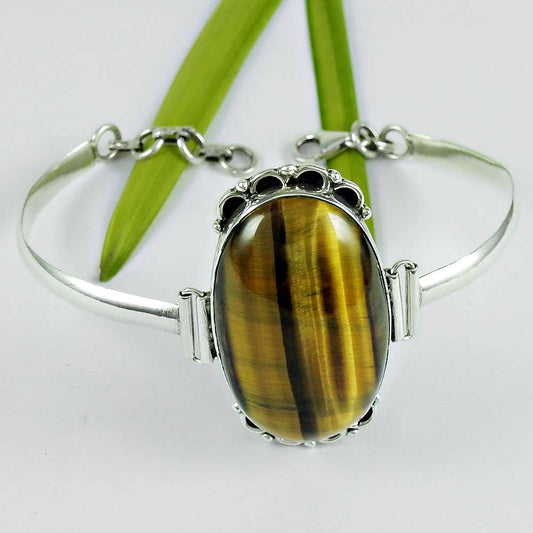 Birthday Gift 925 Silver Natural Tiger'S Eye Gemstone Chain Bracelet F4