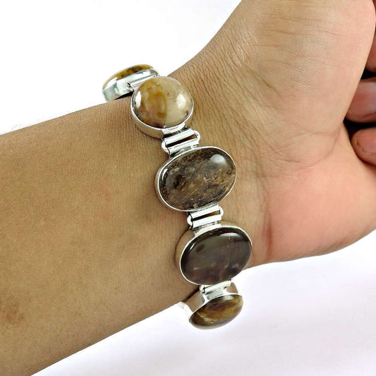 Natural Picture Jasper Gemstone Chain Bracelet 925 Sterling Silver For Women H4