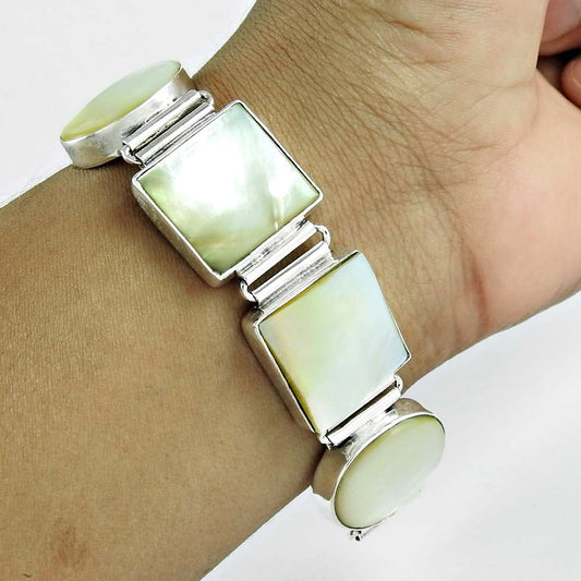 Natural Mother Of Pearl Chain Bracelet 925 Silver Boho Jewelry J4