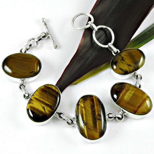 Natural Tiger'S Eye Gemstone Chain Boho Brown Bracelet 925 Sterling Silver A1