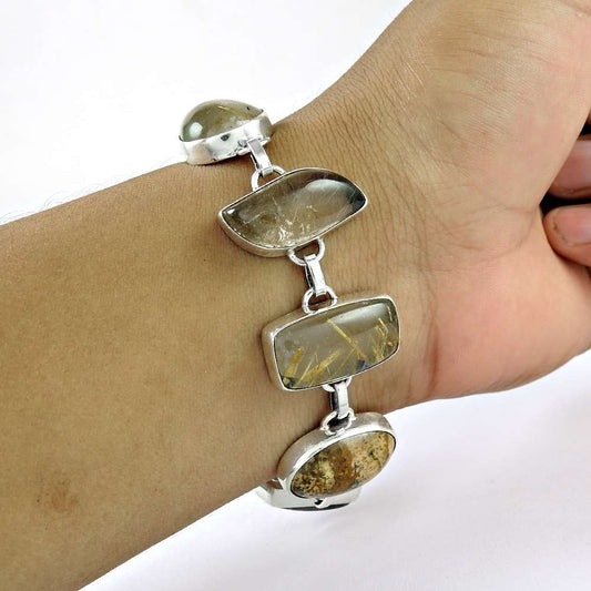 Victorian Style Picture Jasper Green Rutile 925 Sterling Silver Bracelet
