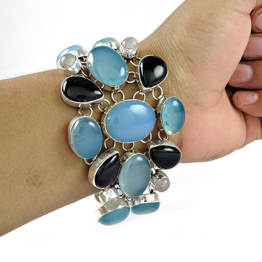 Love At First Sight Light Chalcedony Black Onyx Rose Quartz 925 Sterling Silver Bracelet