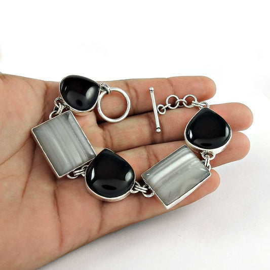 Natural Onyx Gemstone Chain Tribal Bracelet 925 Sterling Silver For Women X1