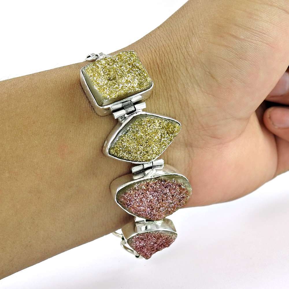 Natural Druzy Gemstone Chain Boho Bracelet 925 Sterling Silver For Girls Z1