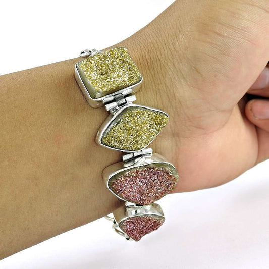 Natural Druzy Gemstone Chain Boho Bracelet 925 Sterling Silver For Girls Z1