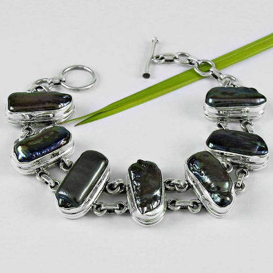 Birthday Gift 925 Silver Natural Biwa Pearl Chain Bracelet C5