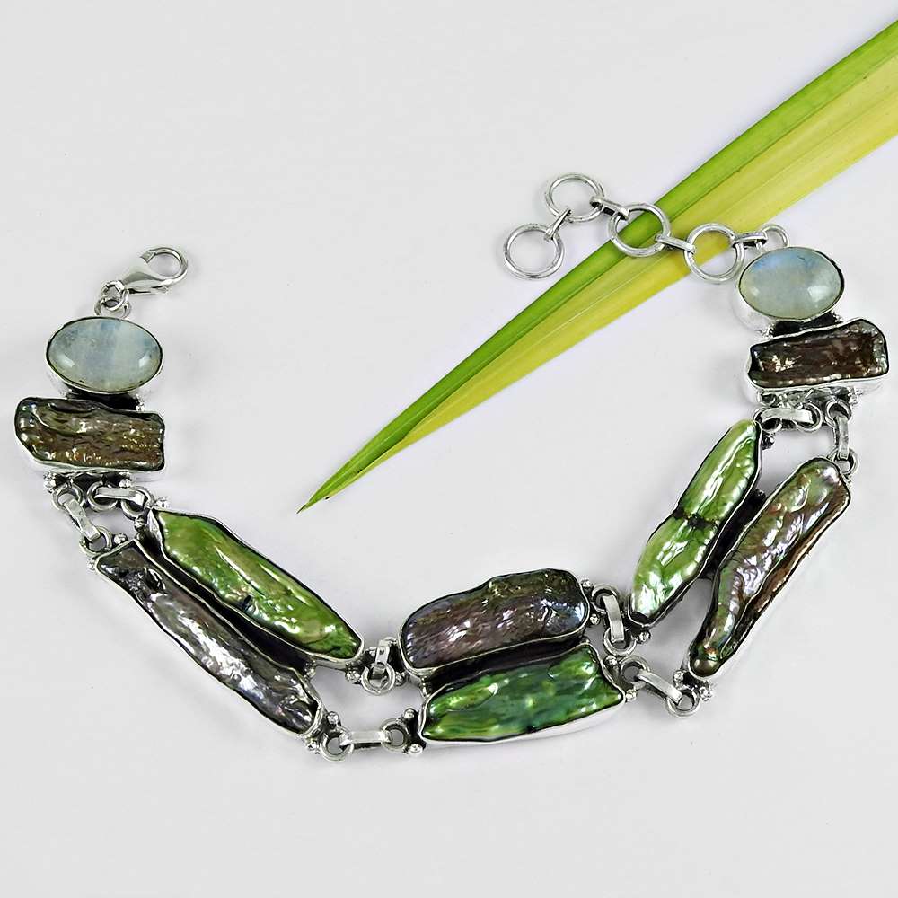 Natural Rainbow Moonstone Chain White Bracelet 925 Sterling Silver E5