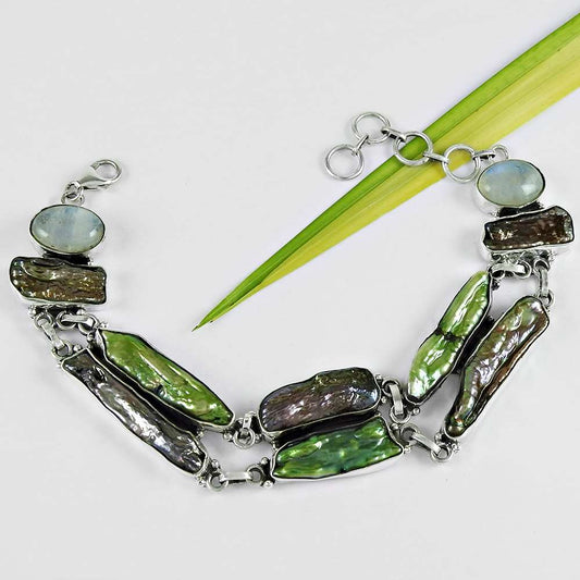 Natural Rainbow Moonstone Chain White Bracelet 925 Sterling Silver E5
