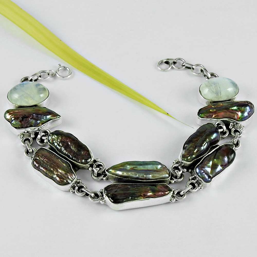 Natural Rainbow Moonstone Chain Vintage Bracelet 925 Silver For Women B2