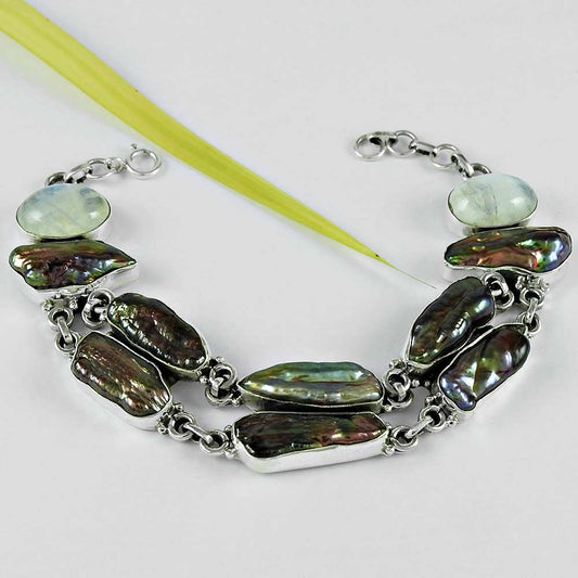 Natural Rainbow Moonstone Chain Vintage Bracelet 925 Silver For Women B2