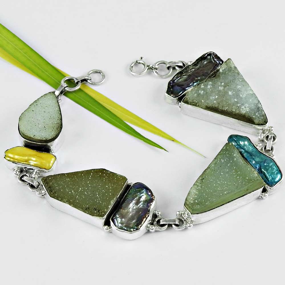 Natural Druzy Gemstone 925 Sterling Silver Chain Ethnic Bracelet For Women C2