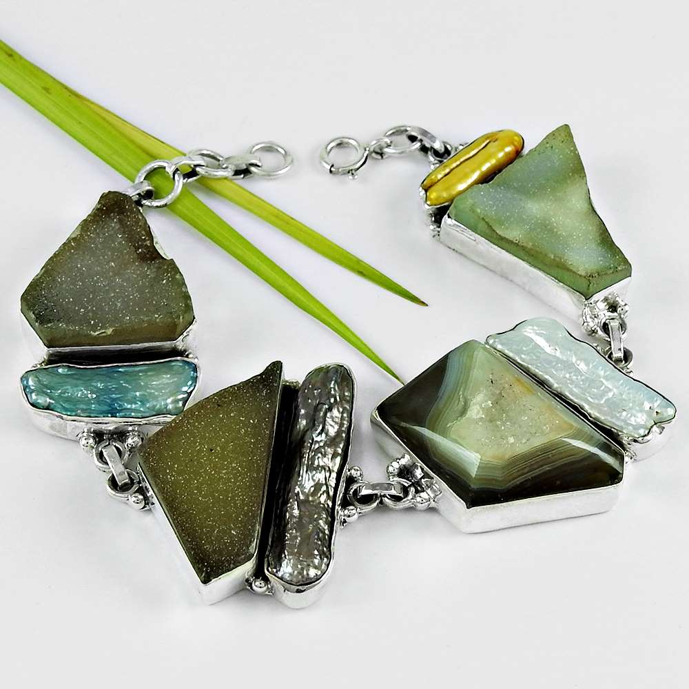 Birthday Gift Natural Druzy Gemstone Chain Tribal Bracelet 925 Silver D2