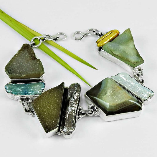 Birthday Gift Natural Druzy Gemstone Chain Tribal Bracelet 925 Silver D2